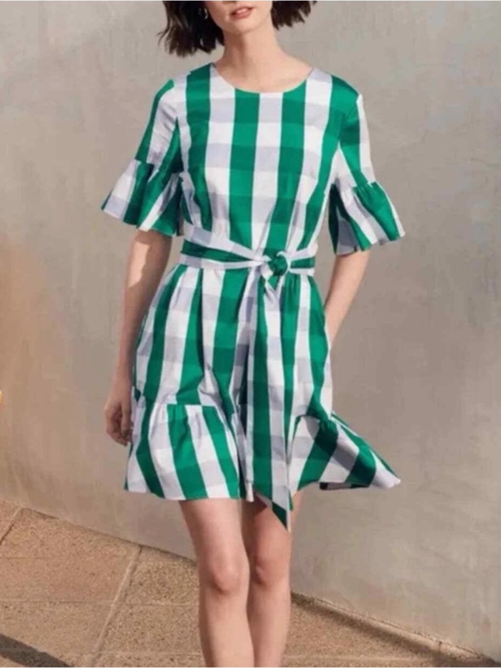 1901 Green and White Striped plaid Tie-Belt Ruffle Dress medium